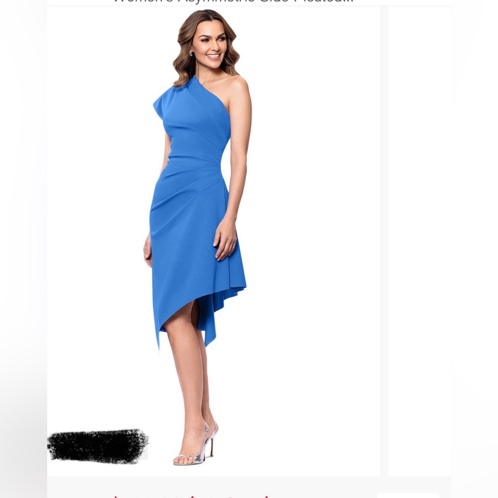 Betsy & Adam
Women's Asymmetric Side-Pleated Midi Dress One-Shoulder Blue Dress